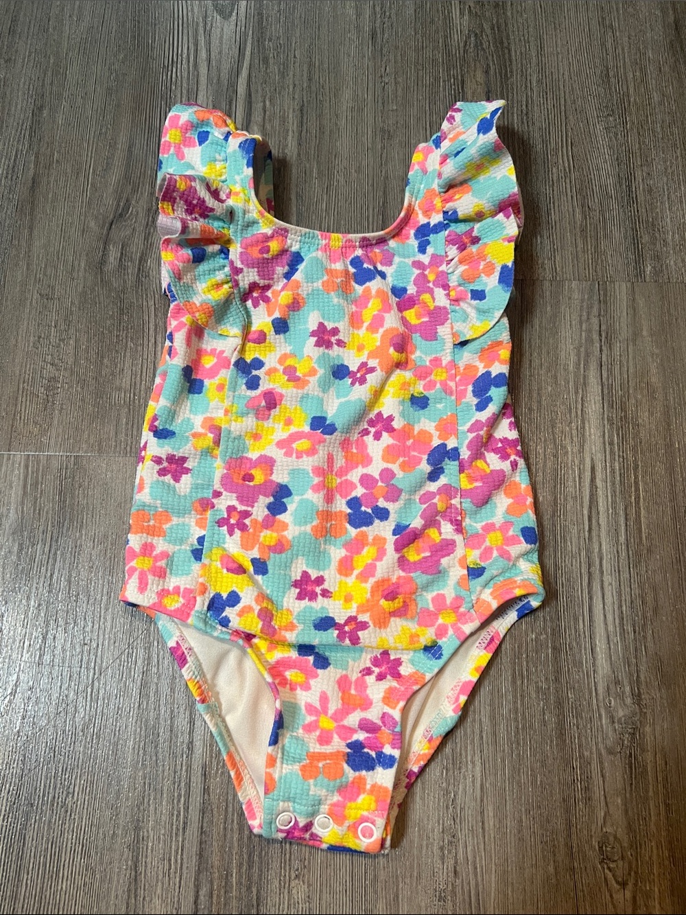 jumping beans Pink, Yellow & Turquoise Floral Ruffle One-Piece